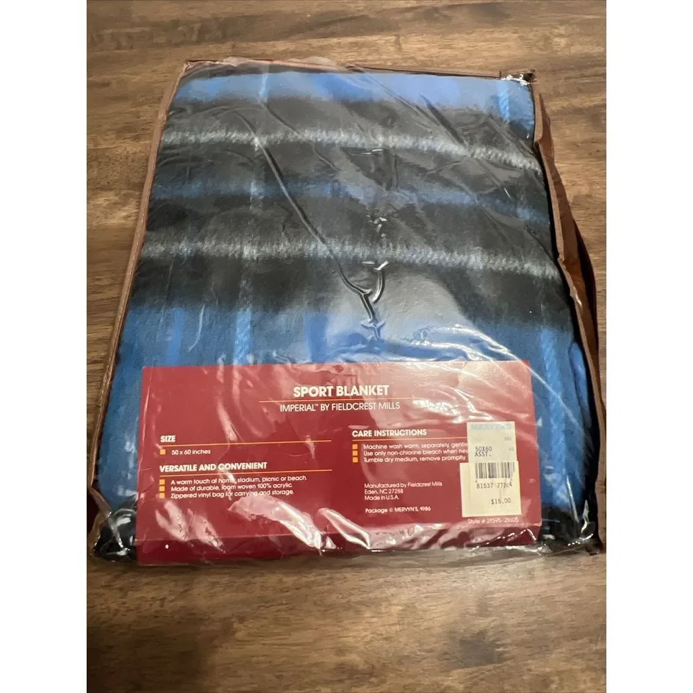 Vintage Sport Blanket Imperial Fieldcrest Mills Acrylic Blue Plaid 50x60 Lap NOS